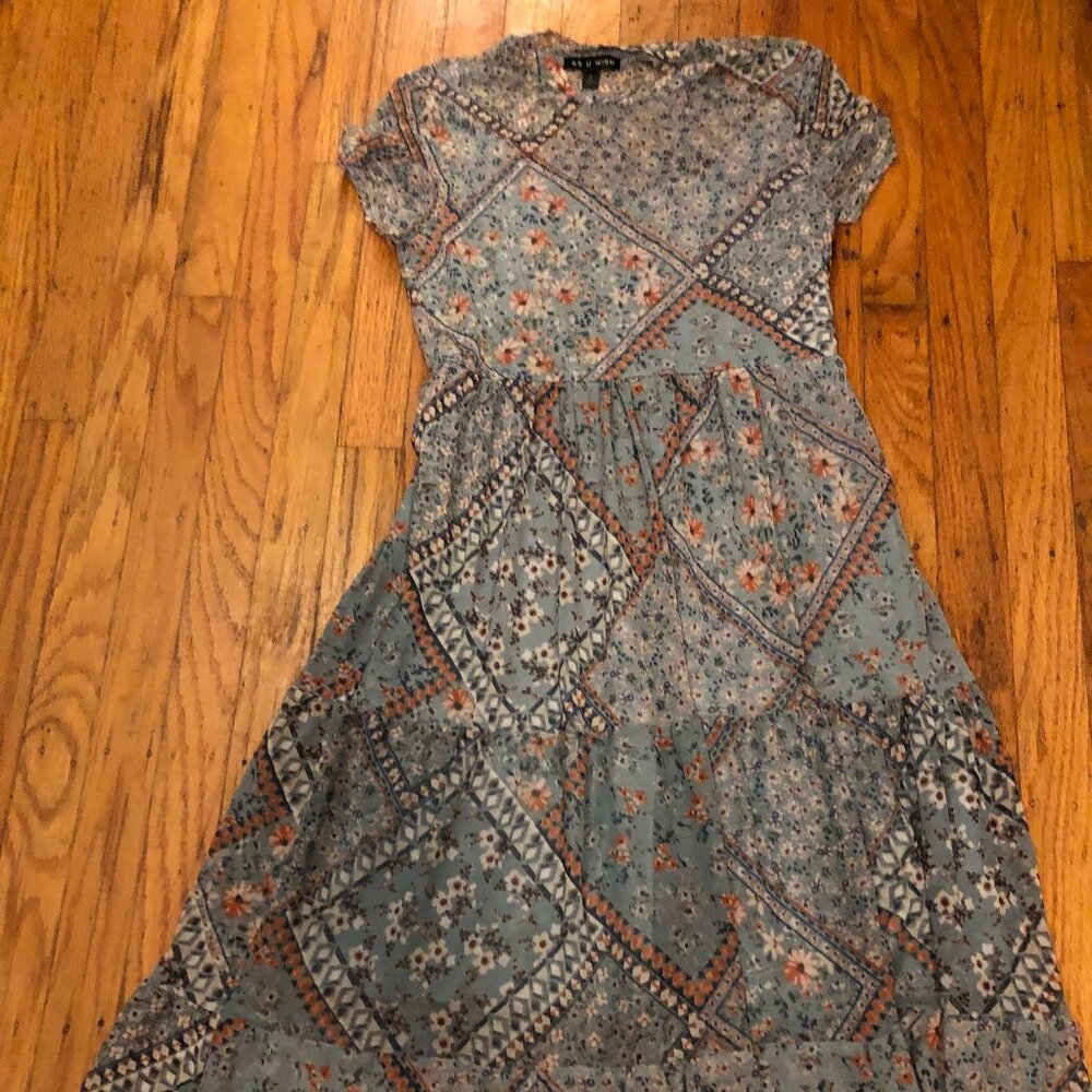 Blue Floral Tiered Dress with Mesh Neck